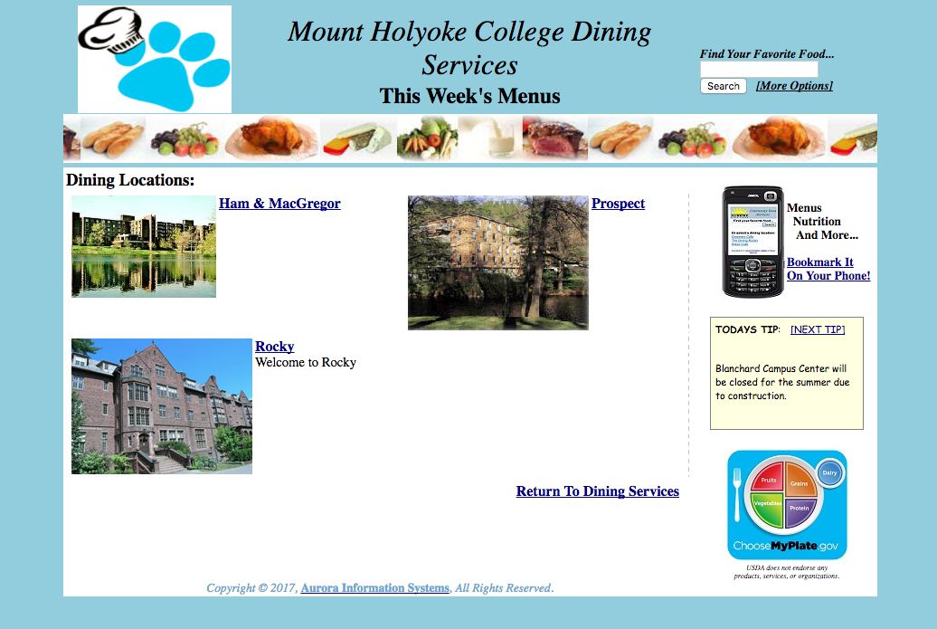 Mount Holyoke Menu Home - Original